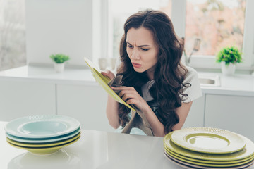 Portrait of her she nice cute beautiful concentrated unsatisfied wavy-haired house-wife polishing...