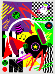 Music pop art background with headphones, long play LP and horse head,