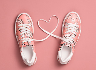 Coral colored Love, Hipster Set. Fashion Trendy Trainers with Heart. Vanilla color. Minimal Style. Summer Floral coral Sneakers. Flat lay. Art Design. Valentines day