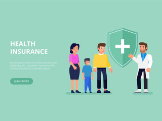 Insurance agent with protective shield and smiling family with child.