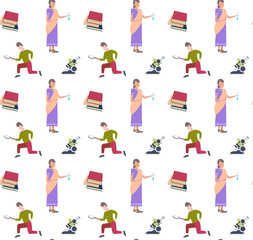 man using magnifying glass woman scientist holding microscope research experiment analyzing concept seamless pattern full length flat white background