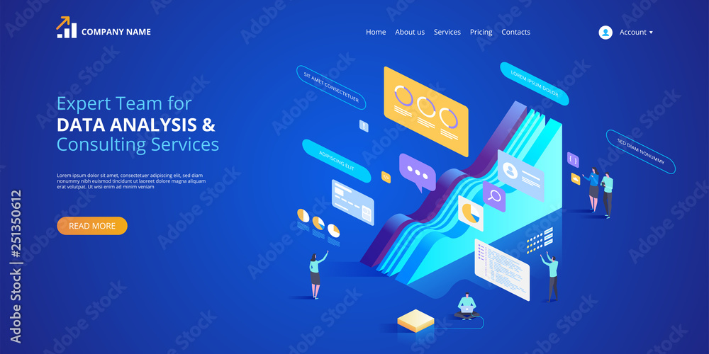 Poster expert team for data analysis & consulting services. vector isometric