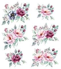 Foto op Plexiglas Floral set, watercolor  flowers bouquets . Pink peonies and burgundy roses hand drawing. Isolated on white. Perfectly for web design, holiday decoration and print on greeting card, wedding invitation. © Larisa