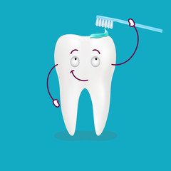 Cute Happy Cartoon Tooth With Its Smiling Toothbrush With Toothpaste On It Isolated On A Background. Vector Illustration. Healthcare Concept.