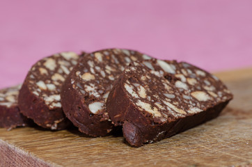 Chocolate salami, english salami or mosaik cake, an italian traditional dessert