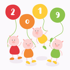 Fototapeta premium Pig’s Year Illustration, Pink Piggy with Balloons, 2019 New Year Celebration, Pig Vector, Vector Sale Cards, Chinese Pig’s Year Character Design