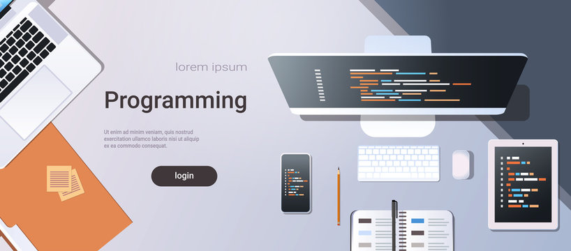 web site design development program code programming concept top angle view desktop computer monitor tablet smartphone screen organizer office stuff horizontal copy space