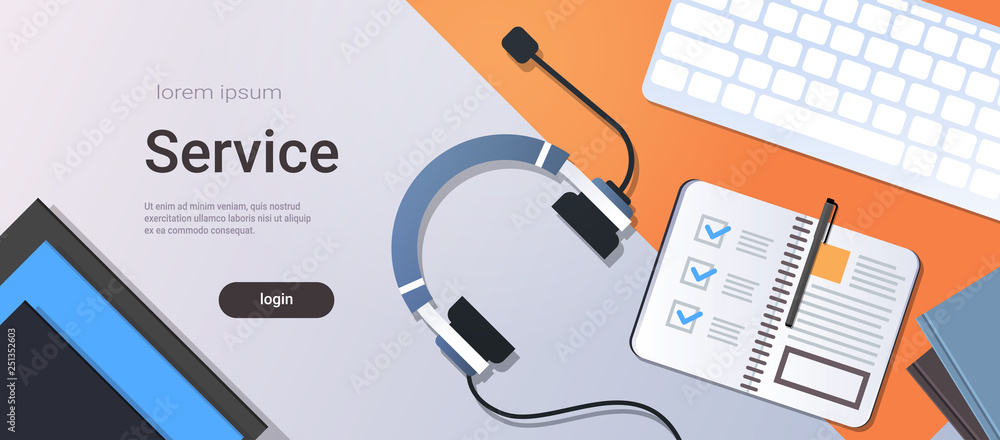 Aufkleber call center manager workplace support service concept top angle view desktop with headphones organiz