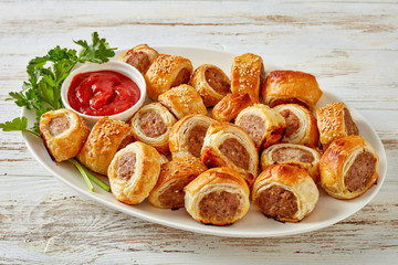 Puff pastry Sausage rolls with tomato sauce
