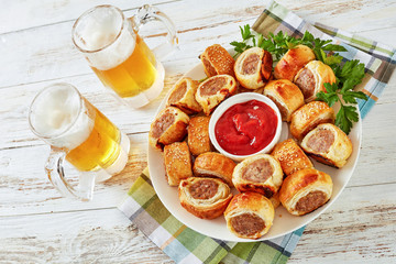 freshly baked Puff pastry Sausage rolls, top view
