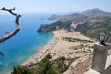 View from the top of the mountain to the Mediterranean Sea and Tsampika beach, summer, Rhodes island, Greece