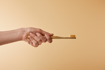 cropped view of woman holding bamboo brown toothbrush on beige background