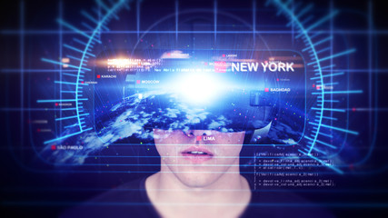 Young man wearing VR headset and experiencing virtual reality. Technology related digital earth network concept. Seamless Loop. 3D Rendering.