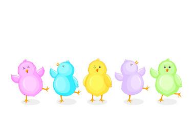 Little chicks cartoon set. Funny colorful chickens in different poses. Vector illustration isolated on white background.
