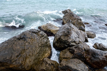 Sea waves, beating on the stones. Noisy sea. Coast of the Black Sea