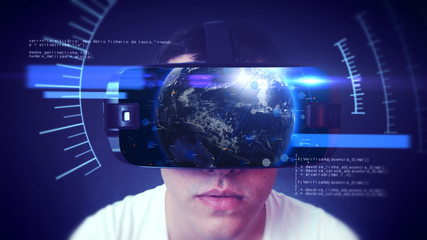 Close-up shot of a young man wearing VR Headset experiencing 3D virtual reality. Technology related digital earth network concept. 3D Rendering.