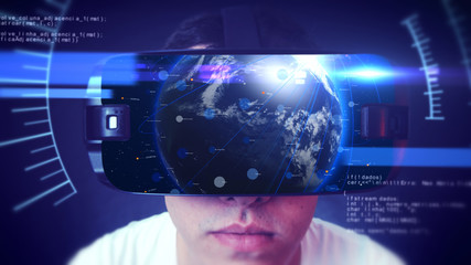 Close-up shot of a young man wearing VR Headset experiencing 3D virtual reality. Technology related digital earth network concept. 3D Rendering.