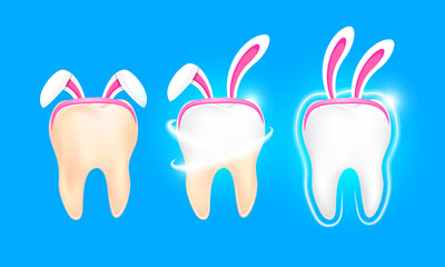 Cute cartoon tooth characters with rabbit ears decoration. Stages of caries development. Dental care concept. Happy Easter concept. illustration isolated on blue background.