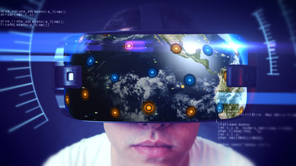 Close-up shot of a young man wearing VR Headset experiencing 3D virtual reality. Technology related digital earth network concept. 3D Rendering.