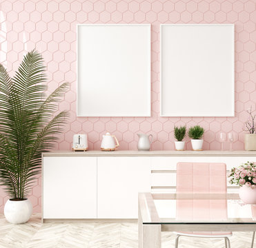 Mock Up Poster Frame In Pastel Pink Kitchen Interior, 3d Render