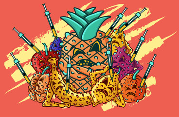 Set of vector illustrations GMO products. junk food. mutant products. gmo syringe. Fruits characters. apple, peach, banana, plum, pineapple, pear, pomegranate, orange, lemon.