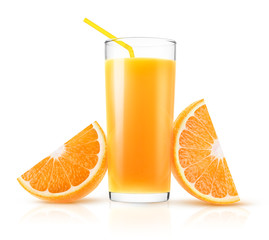Isolated orange juice. One glass of fresh pressed orange juice and two pieces of fruit isolated on white background with clipping path