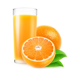 Isolated juice. Glass of fresh orange juice and cut oranges isolated on white background with clipping path