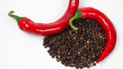 red spicy chili pepperoni and brown peppercorns