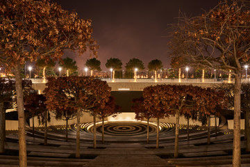 An amphitheater with oaks in the foreground, in prak near the new stadium. Night landscape of Krasnodar