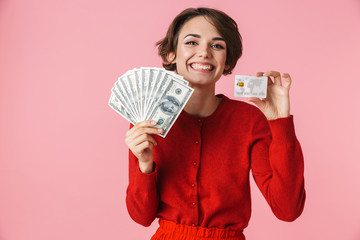 Portrait of a beautiful young woman wearing red clothes