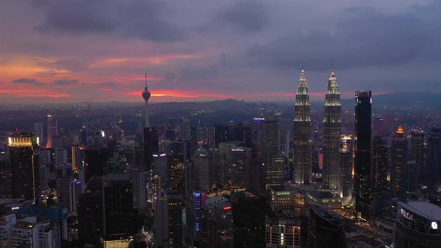 sunset night illumination kuala lumpur downtown aerial panorama timelapse 4k malaysia