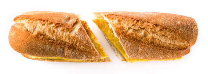 Bocadillo de tortilla española. Spanish potato omelette sandwich isolated on white...
