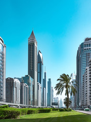 Fototapeta na wymiar Cityscape of Business Bay district. View from the Sheikh Zayed Road. Dubai, UAE, Jun.2018