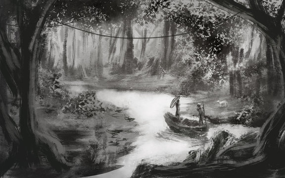 Digital drawing of forest view with a lake. Man and Woman with a dog travelling on a river in a boat. Black and White illustration made in traditional sketch style.