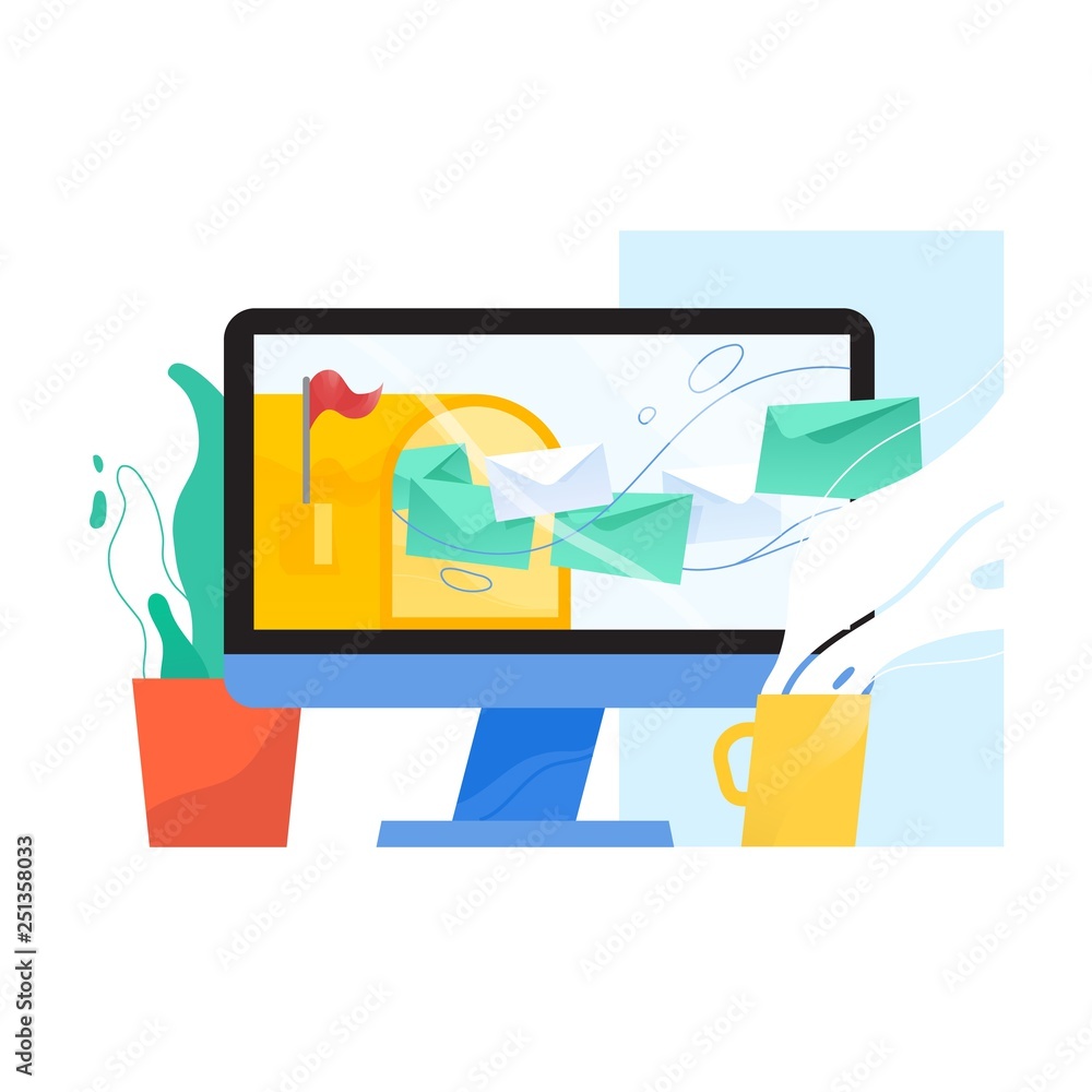 Fototapete Computer display with opened mailbox and letters in envelopes flying out of it on screen, houseplant and mug. Email, mail or inbox message service, webmail application. Flat vector illustration.