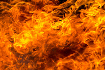 The old wooden house burns. Fire close-up, the boards are burning