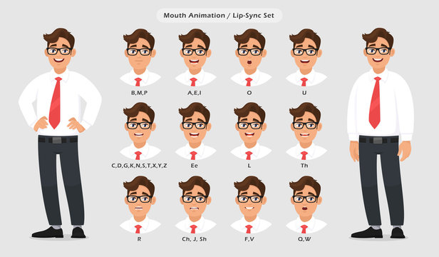 Lip sync collection and sound pronunciation for male character's talking/speaking animation. Set of the mouth animation pronouncing words for standing businessman poses in gray/grey background.