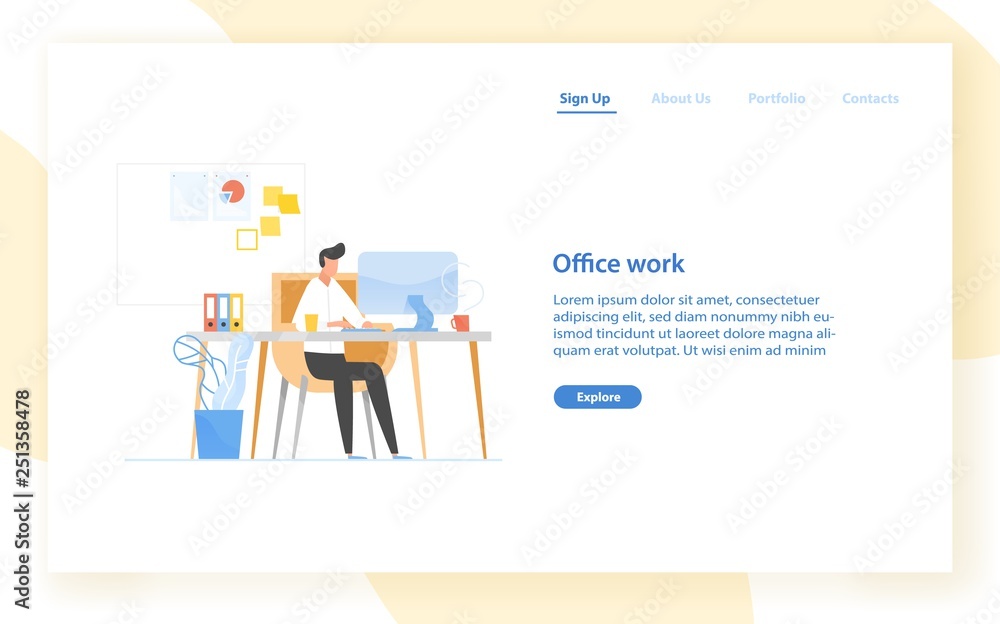 Aufkleber Web banner template with programmer or coder sitting at desk and working. Office work in software development, programming or program coding. Modern flat vector illustration for advertisement.