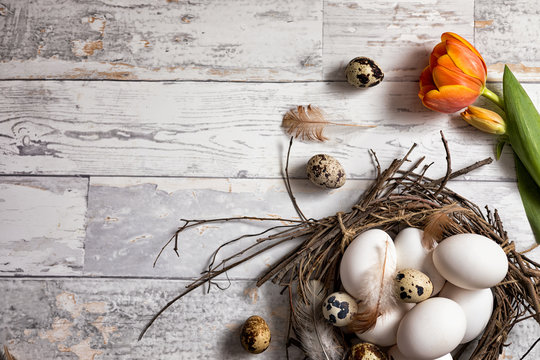 Easter decoration with nest and egg on white wood background