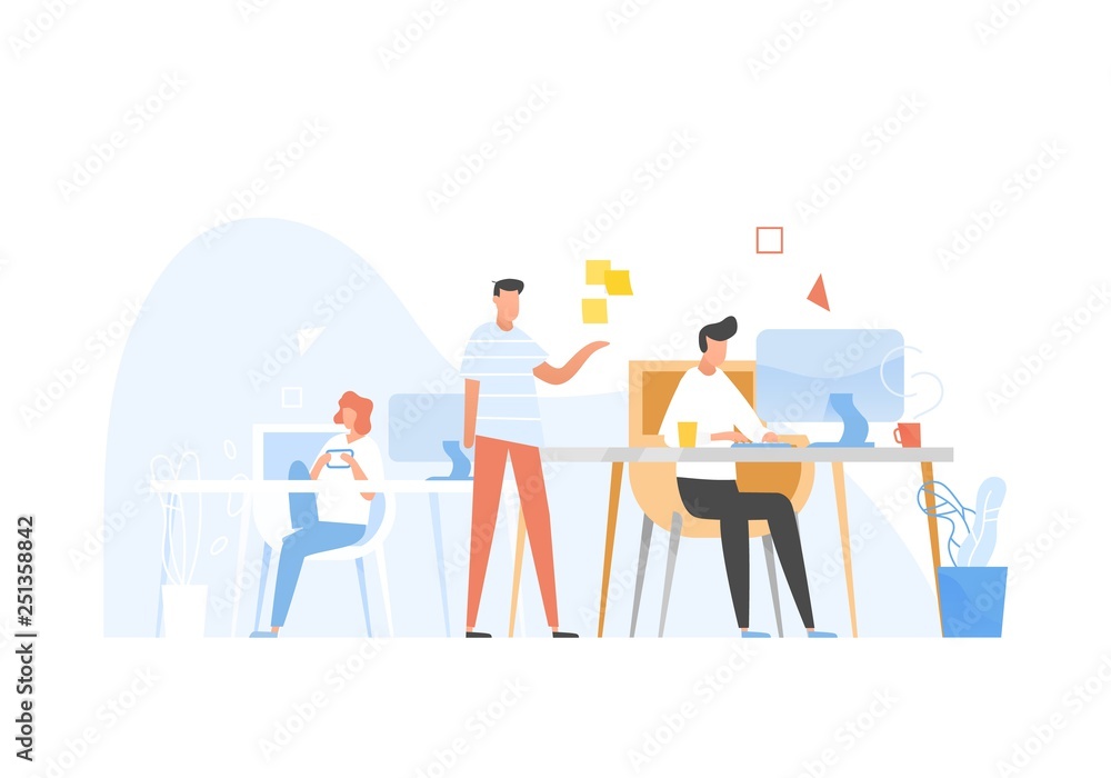 Aufkleber Programmers or coders working together. Front-end and back-end software development and testing, programming or program coding. Conversation between colleagues at work. Flat vector illustration.