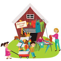 Garage Sale, Sellers sell old goods low price clearing house spring, Woman sell used clothes and shoes, Children bought boxed second hand toys vector illustration