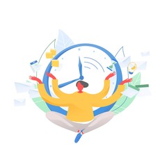 Man sitting cross legged and meditating against clock face, timetable, hourglass, calendar on background. Time management, work planning and organization, multitasking. Flat vector illustration.