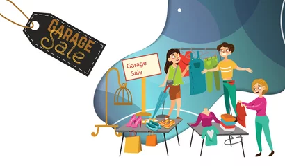 Fotobehang Garage Sale Young beautiful women at the weekly cloth market, girls choose clothes at the sale of used items, seller and buyer in market outdoor, shopping vector illustration © anutaberg