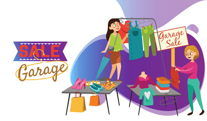 Garage Sale Young beautiful women at the weekly cloth market, girls choose clothes at the sale of used items, seller and buyer in market outdoor, shopping vector illustration