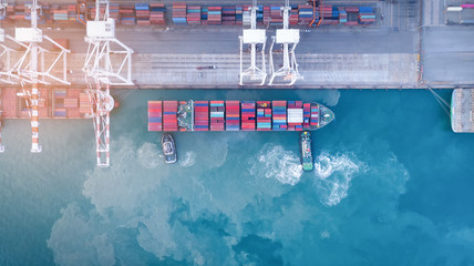 trug ship drag container ship vessel   to cargo international container yard port concept shipping...