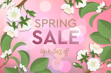 Spring Sale poster with blooming cherry. Design template card for the hotel, beauty salon, spa, restaurant, club. Vector illustration.