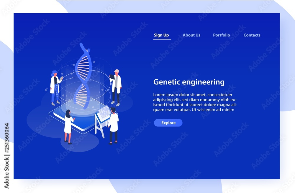 Poster web banner template with analysts, scientists or researchers analyzing dna molecule on blue backgrou
