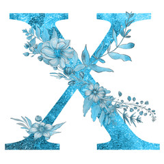 Blue glitter watercolor letter of the alphabet with flowers and leaves on the white isolated background. Floral elegant design.