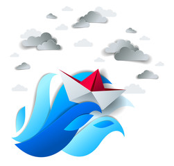 Paper ship swimming in big sea waves, origami folded toy boat fights for survival in the ocean in stormy weather and tsunami waves, vector illustration.