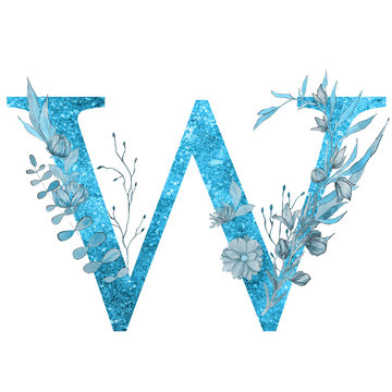 Blue glitter watercolor letter of the alphabet with flowers and leaves on the white isolated background. Floral elegant design.